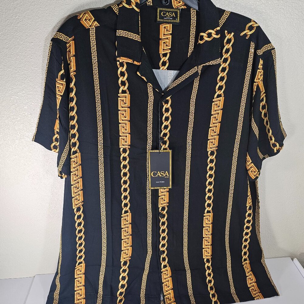 Casa Moda Couture - Fashion Mens Greek/Europe Shirt, Gold/Chains Luxury - Size L